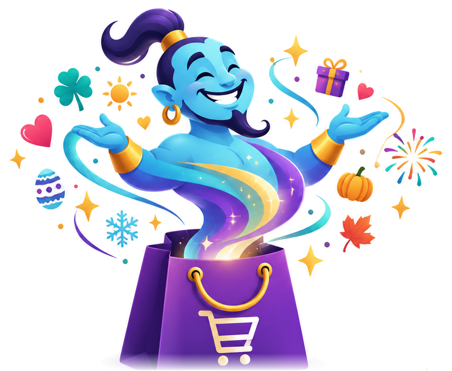 Holiday Genie, the cheerful blue shopping genie surrounded by celebrations and holiday symbols